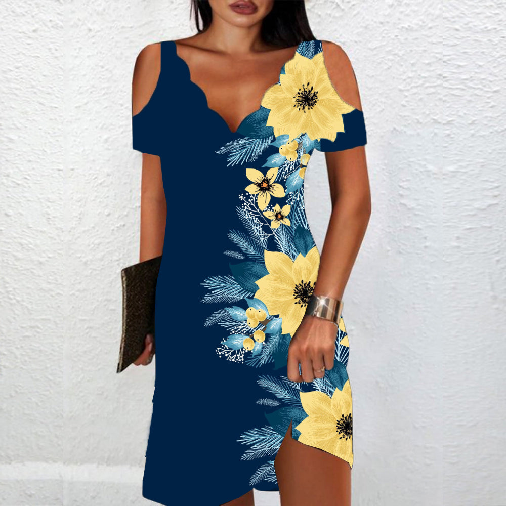 Yellow and Blue Hawaiian Flower Print Cold Shoulder Mini Dress