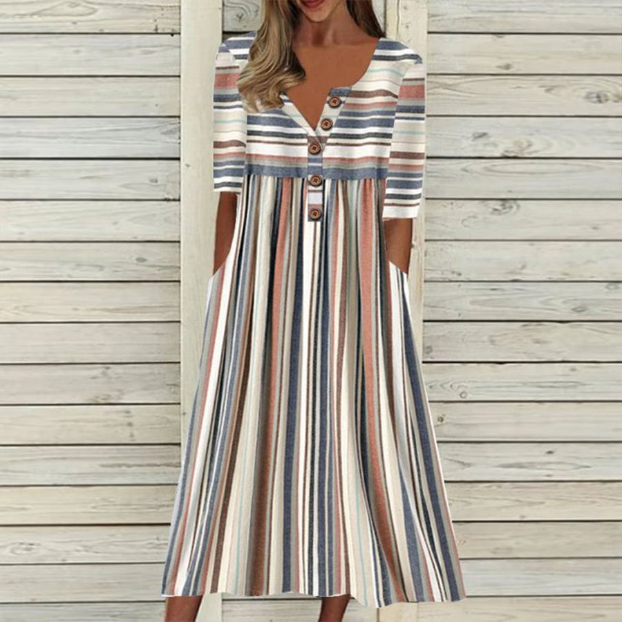 Chic Striped Side Pockets Midi Dress