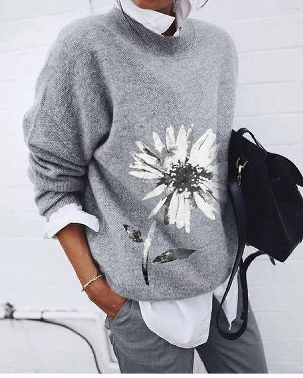 White Daisy Gray Long Sleeve Sweater