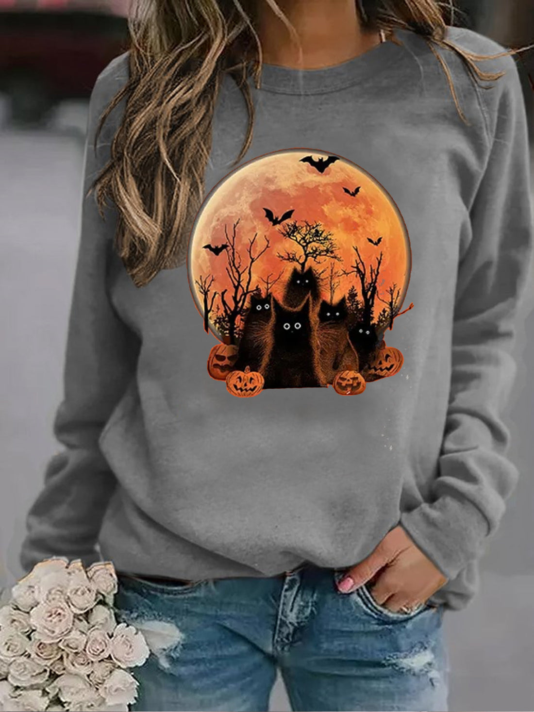 Halloween Black Cat Long Sleeve Sweatshirt