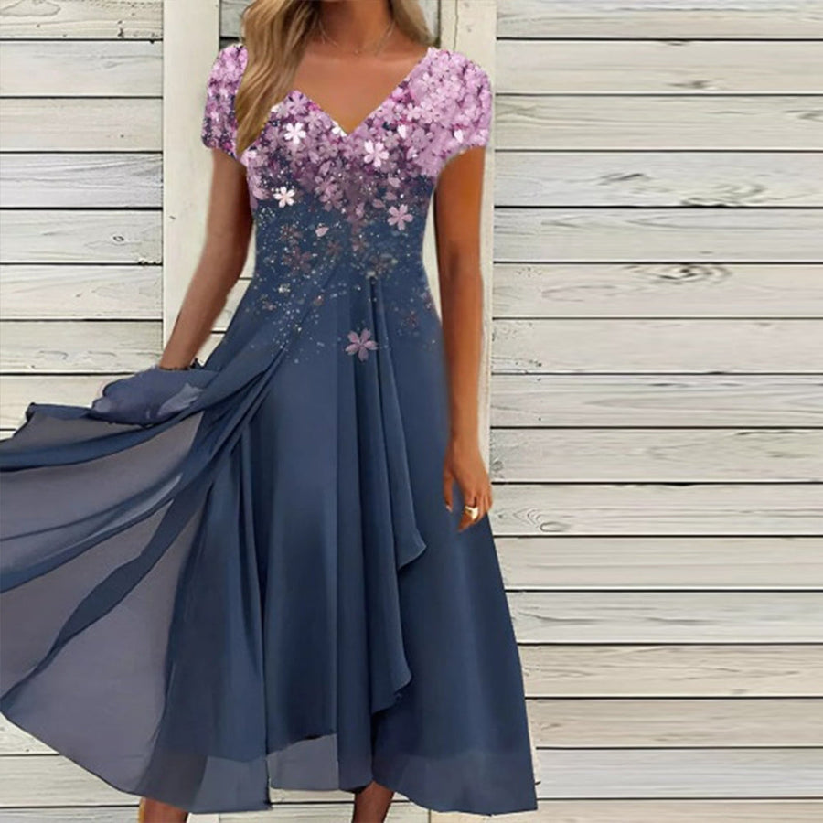 Lilac Flower Print V-Neck Uneven Hem Midi Dress