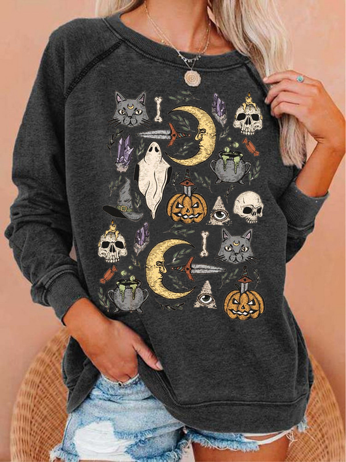 Vintage Halloween  Print Crew Neck Casual Sweatshirt