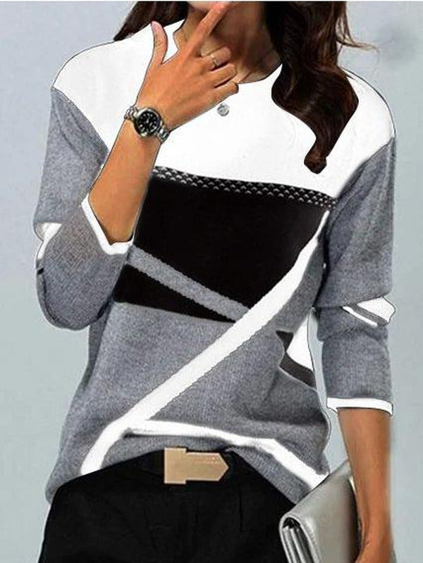 Broken Glass White and Gray Color Block Black Long Sleeve Top