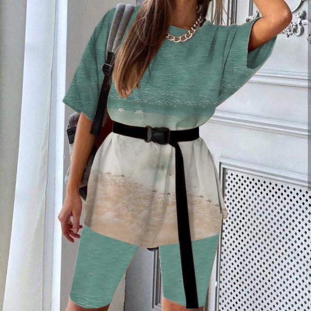 Casual Green Round Neck Two Piece Set