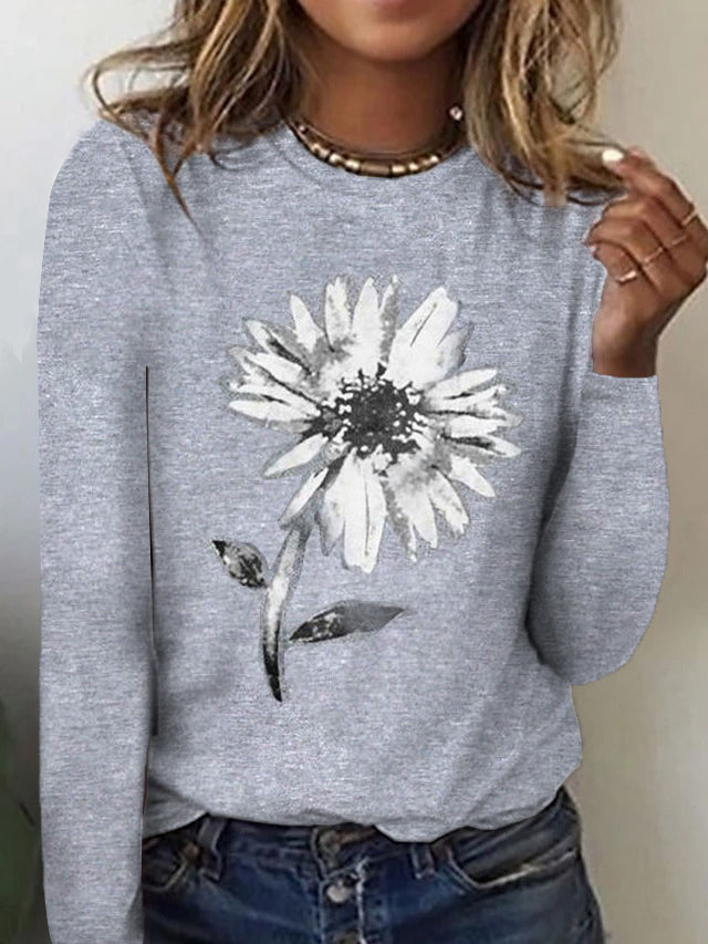 White Sunflower Print Gray Long Sleeve Top