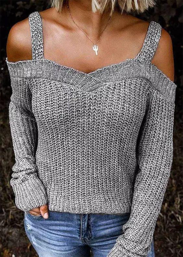 Grey Plain Cold Shoulder Sweater