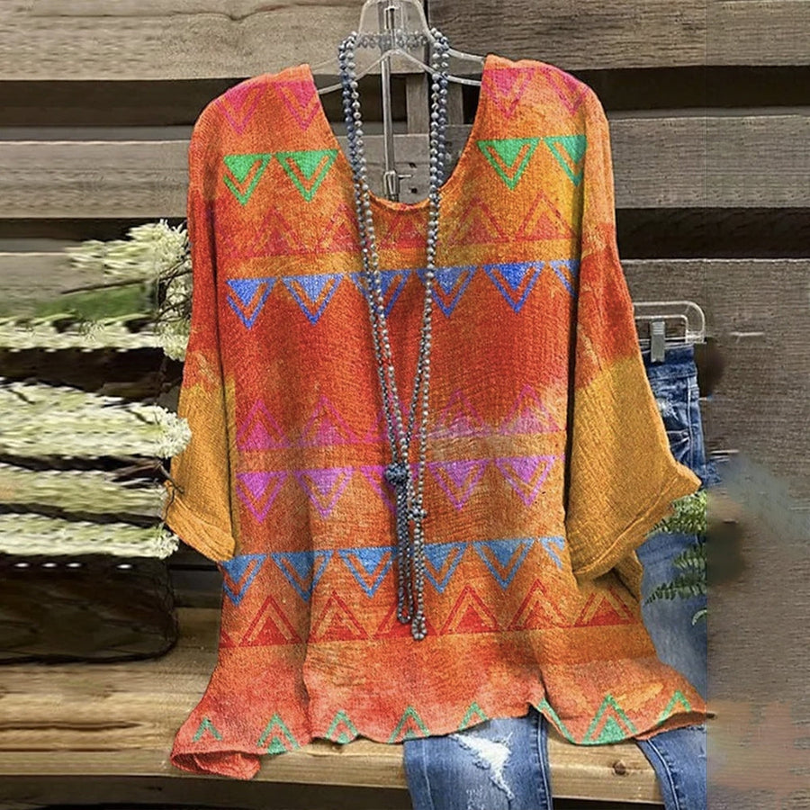 Colorful Aztec Print Half Length Sleeve Tunic Top