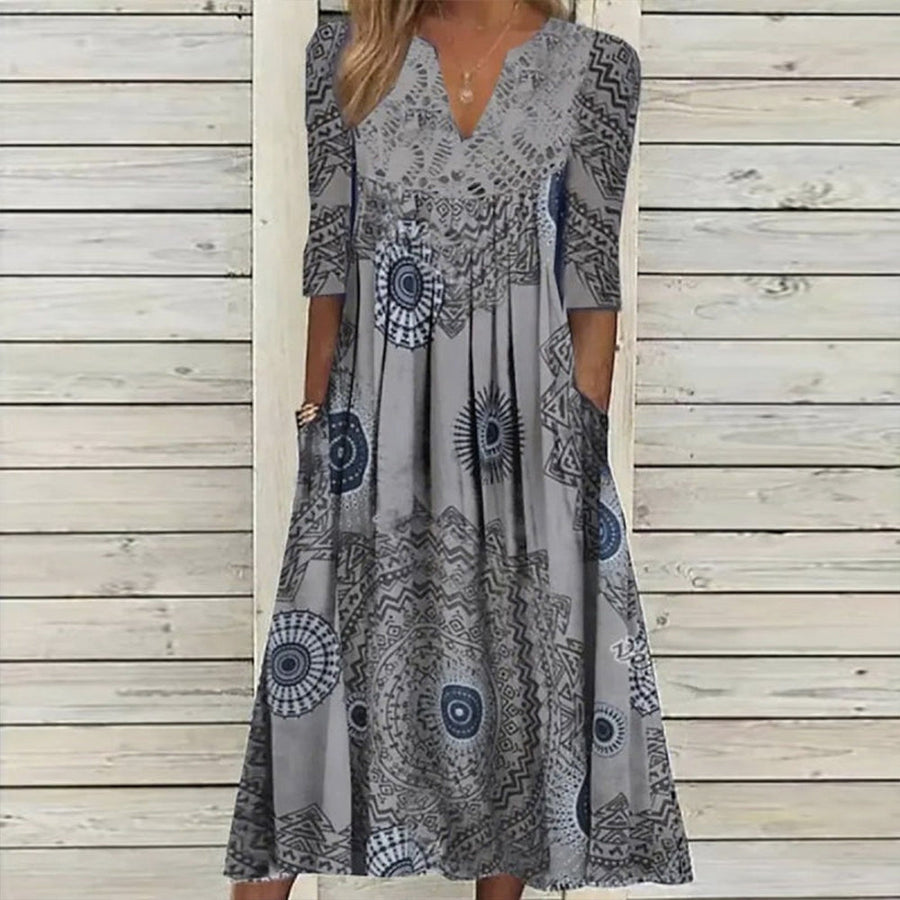 Grey Print Side Pocket Midi Dress