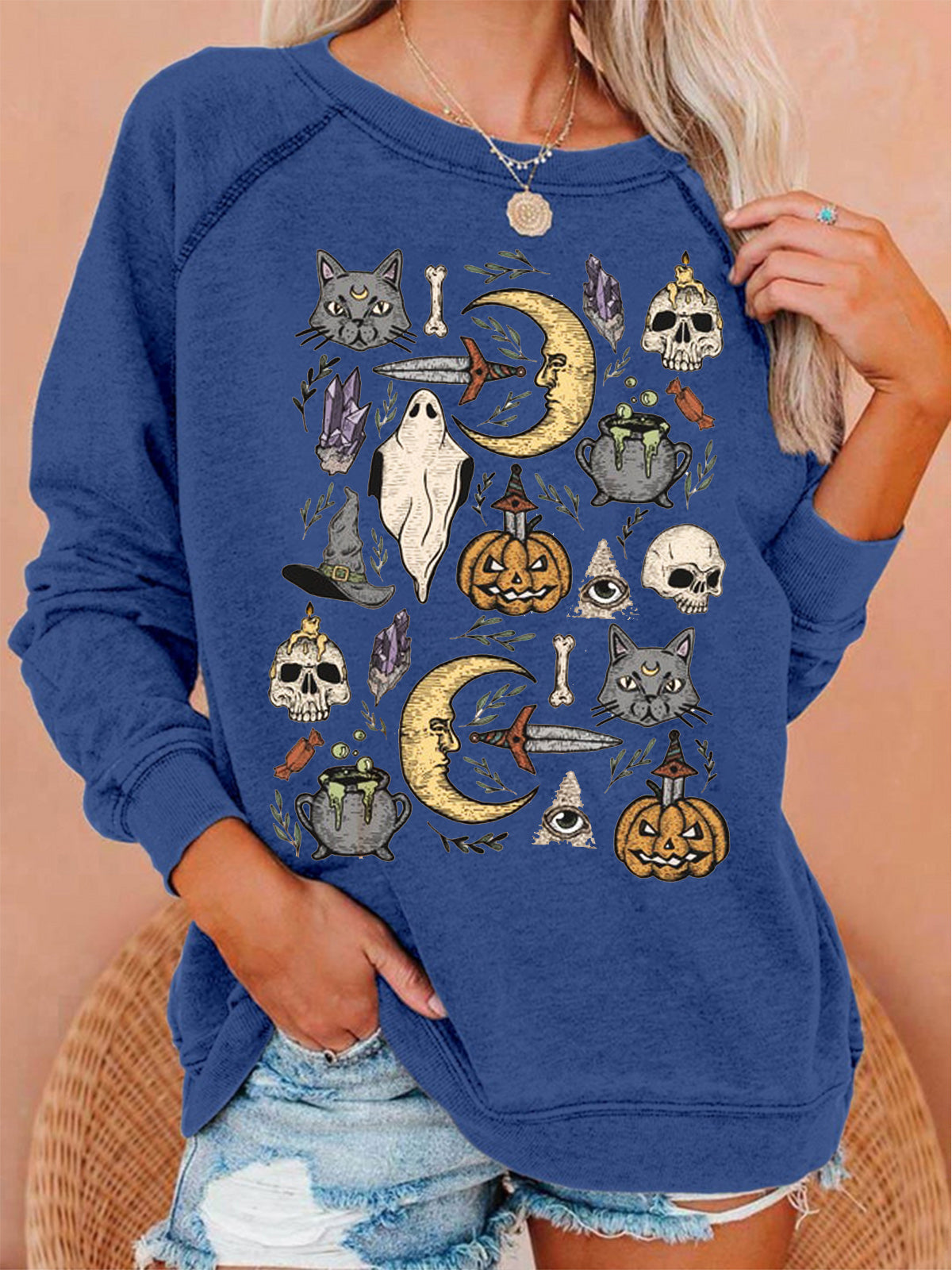 Vintage Halloween  Print Crew Neck Casual Sweatshirt