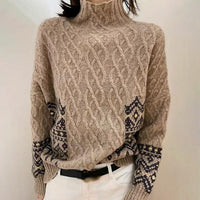 Stylish High Neck Cable-Knit Long Sleeve Printed Sweater