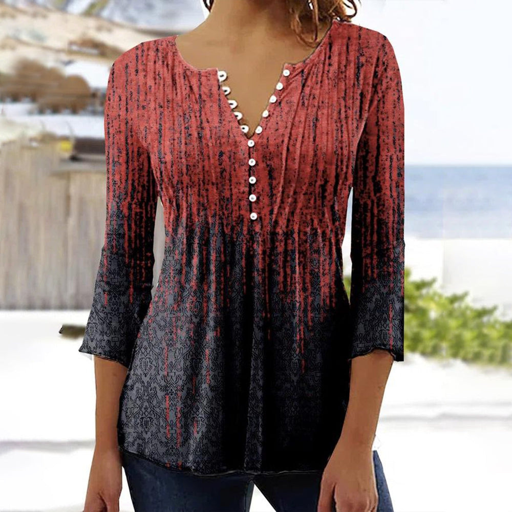 Ombre Red to Blue Pleated Button Front ¾ Sleeve Top