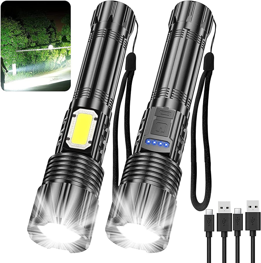 LED Rechargeable Tactical Flashlights 90000 High Lumens, XHP90 Brightest Flashlight with COB Sidelight, Powerful Emergency Flashlight with USB Output as Power Bank, Zoomable, Waterproof,7Modes