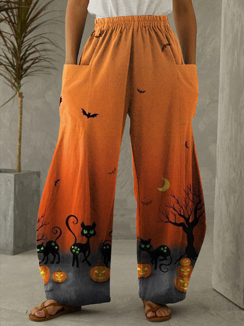 Halloween Pumpkin Cat Print Vintage Pants