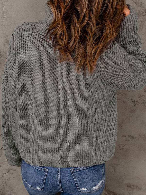Grey Plain Zip V-Neck Long Sleeve Sweater
