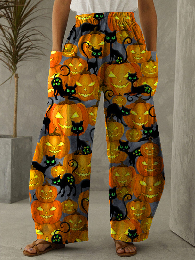 Halloween Pumpkin Cat Print Vintage Pants