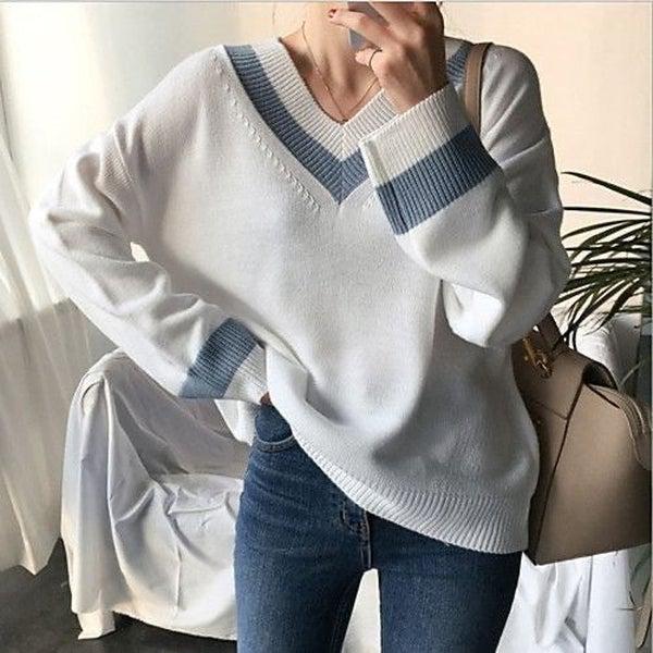 Simple V-Neck Color Block Sweater