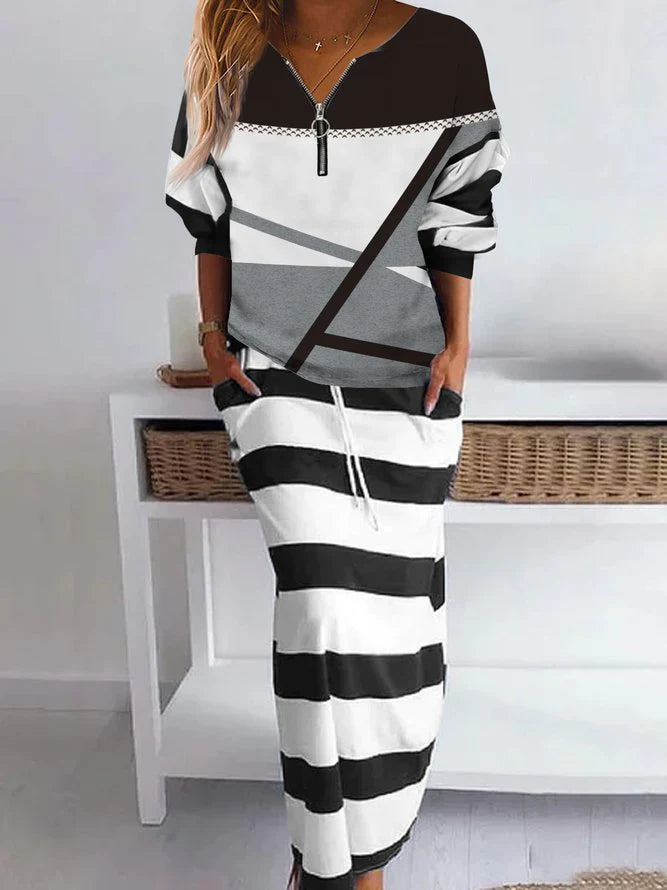 Black And White Long Sleeve Two Piece Set