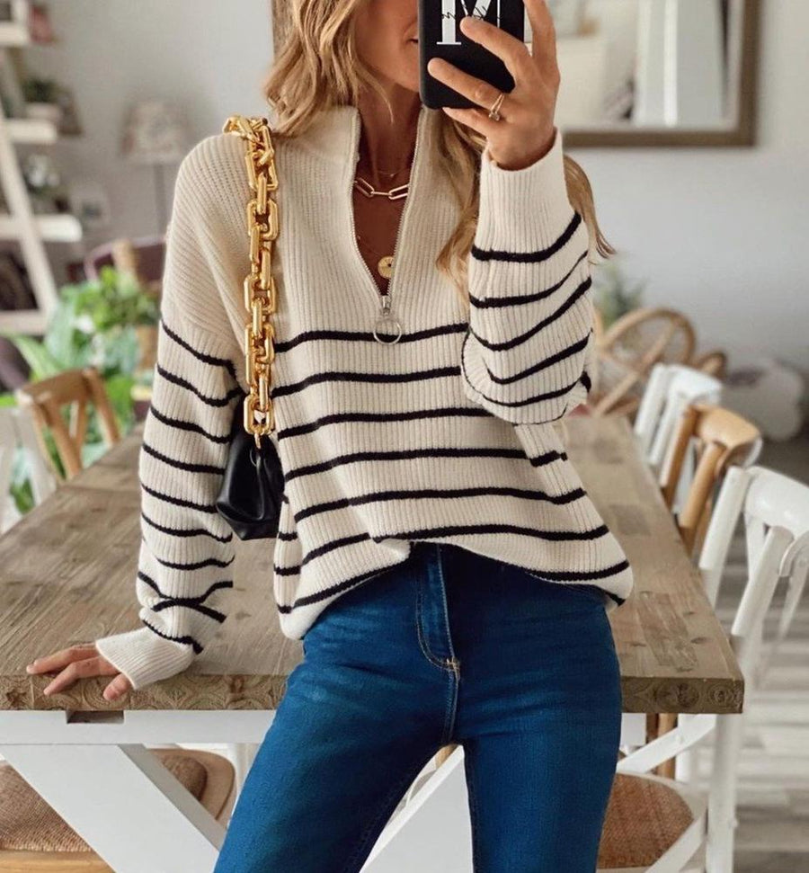 Casual Striped Black and White Pullover