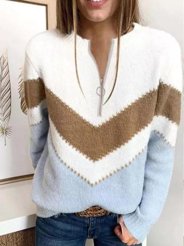 Youthful Zipper V-Neck Color Block Sweater
