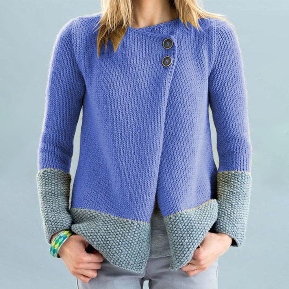 Boho Blue and Gray Button Front Long Sleeve Sweater