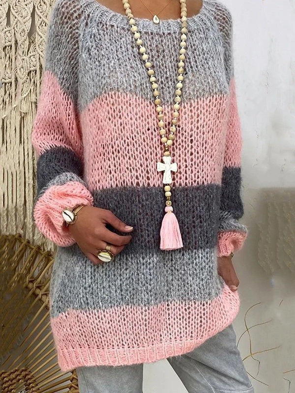 Chic Boat Neck Color Block Sweater