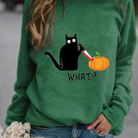 Women's Halloween Black Cat Print Casual Sweatshirt