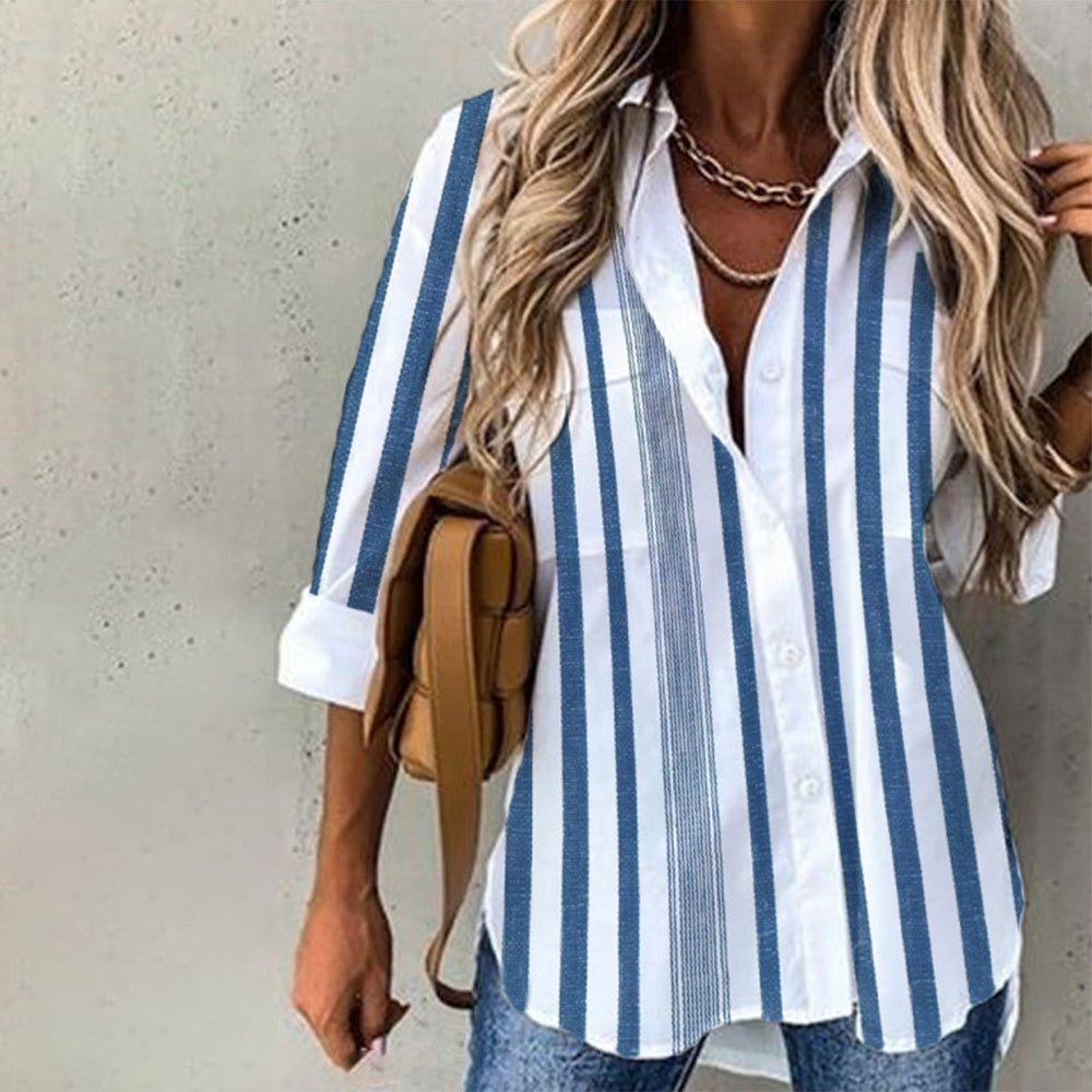Double Pocket Vertical Blue and White Stripe Tunic Top
