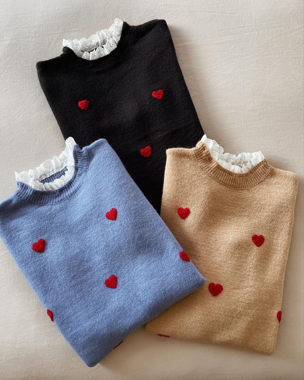Floating Red Heart Black Round Neck Sweater