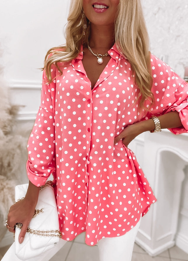 Oversized Pink Polka Dot Button Front Blouse