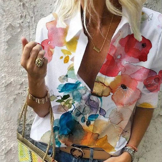 Watercolor Citrus Flowers Fold-Over Collar Top