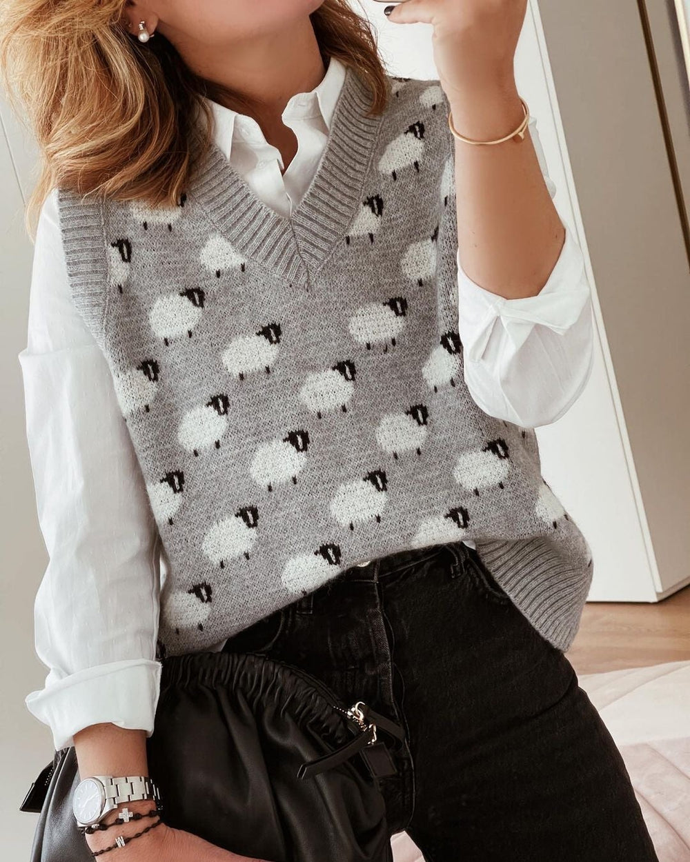 Grey V-Neck Print Sweater Vest