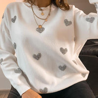 Silver Heart Print Long-Sleeved Round Neck Sweater