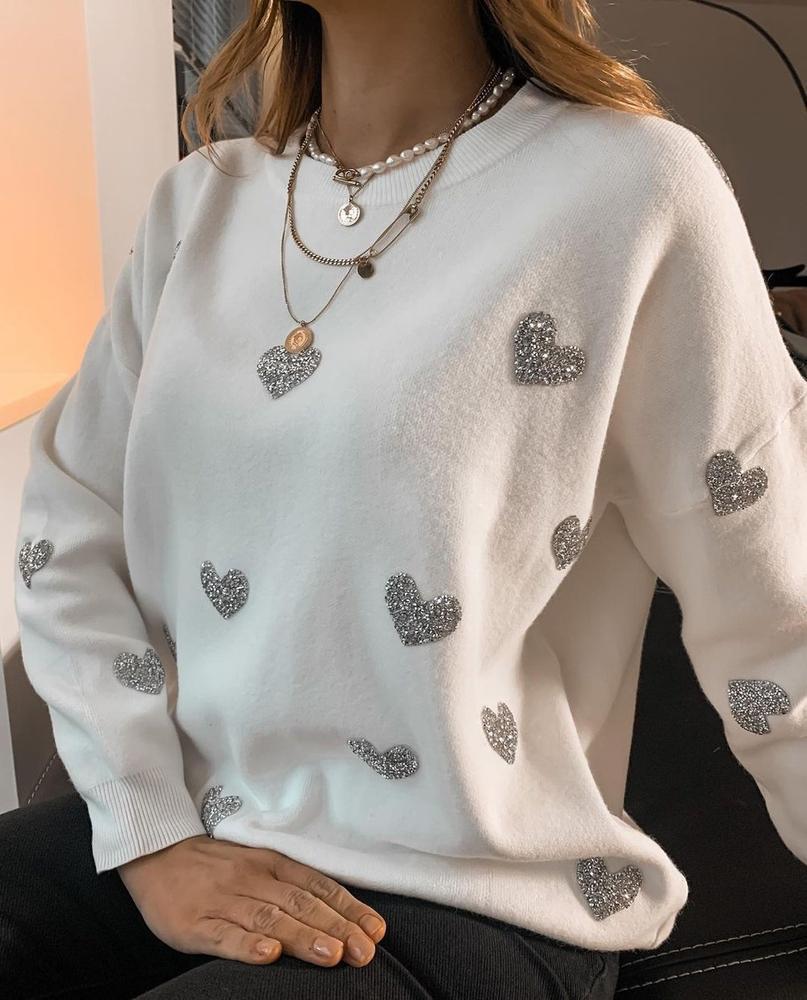 Silver Heart Print Long-Sleeved Round Neck Sweater