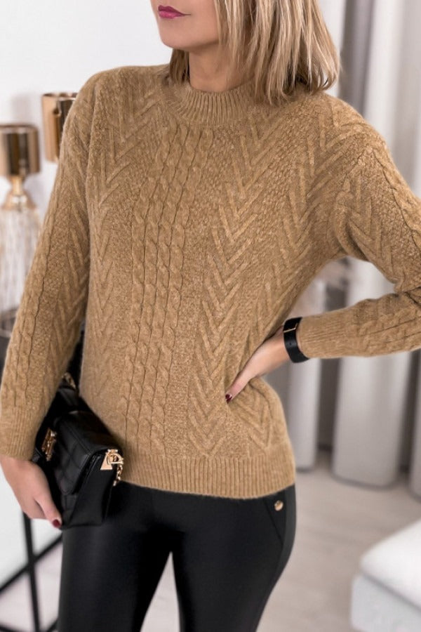 Beige Plain Round Neck Sweater