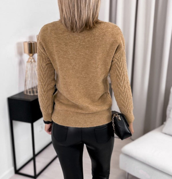 Beige Plain Round Neck Sweater